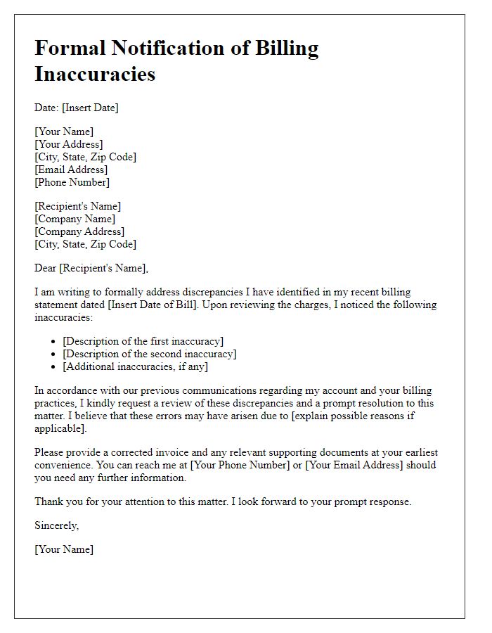 Letter template of formal notification of billing inaccuracies.