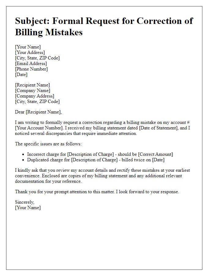 Letter template of formal request for correction of billing mistakes.