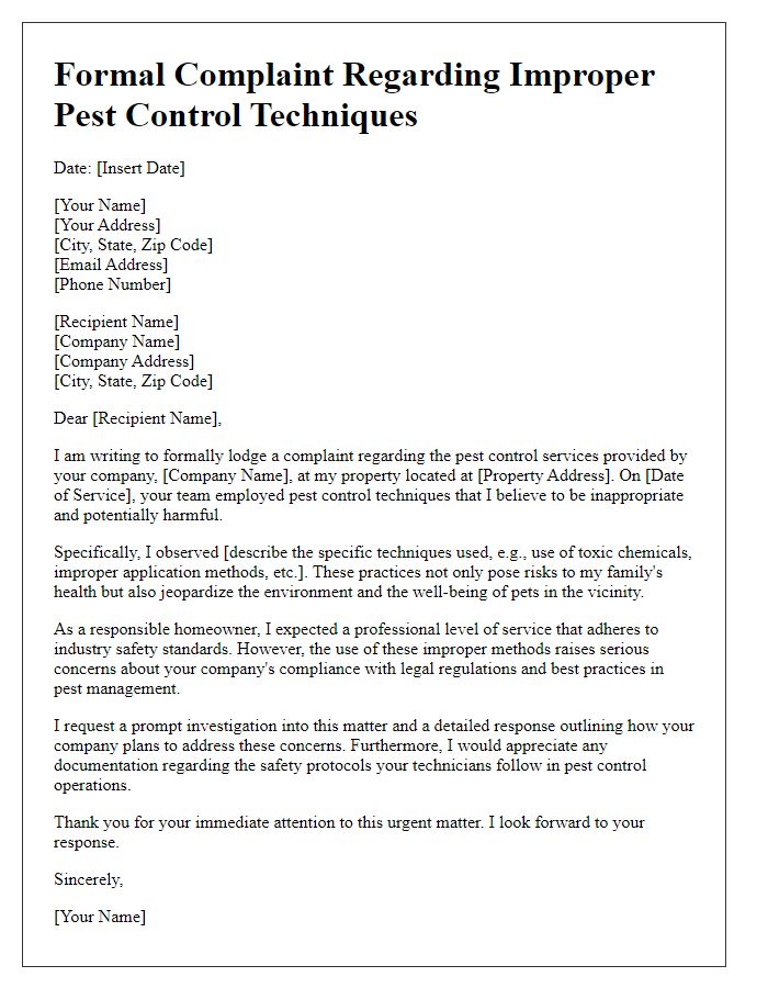 Letter template of formal complaint about improper pest control techniques used.