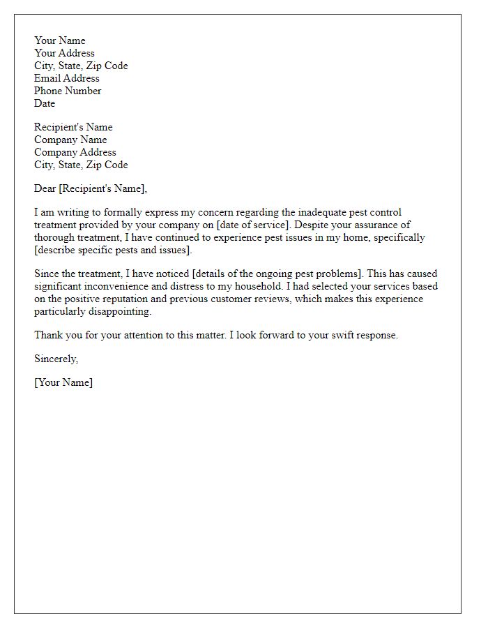 Letter template of formal complaint about inadequate pest control treatment.