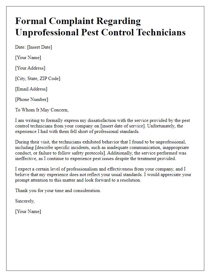 Letter template of formal complaint about unprofessional pest control technicians.