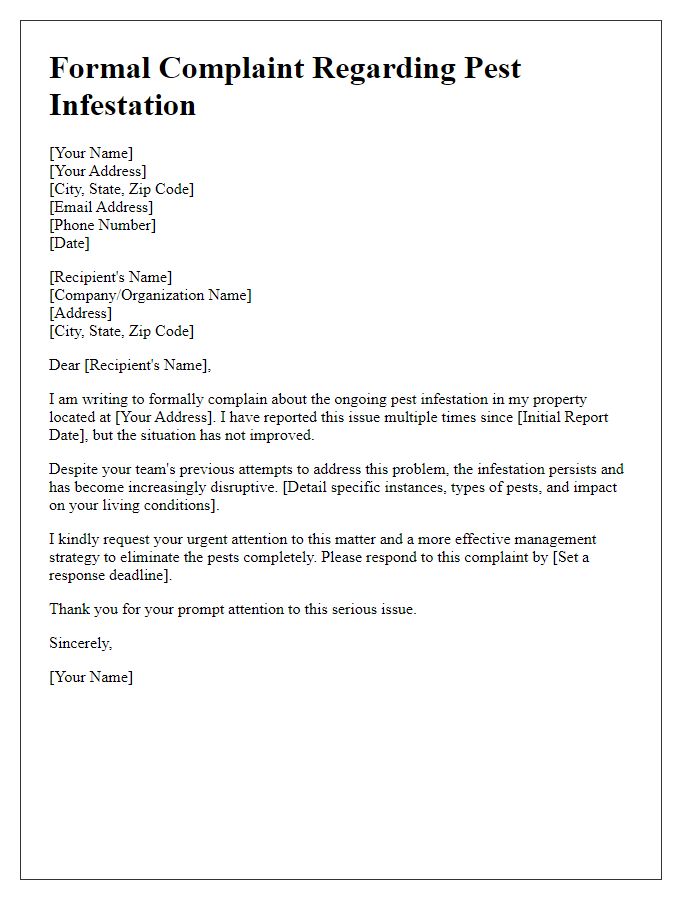 Letter template of formal complaint concerning pest infestation management.