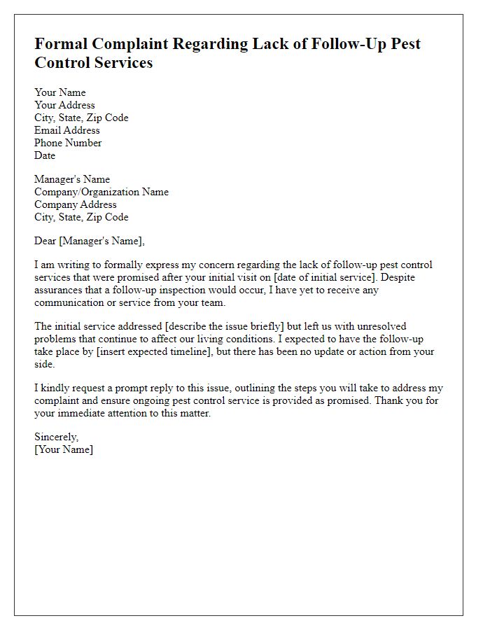 Letter template of formal complaint over lack of follow-up pest control services.