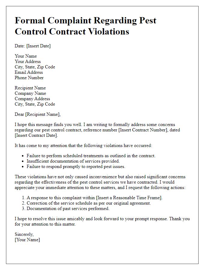 Letter template of formal complaint regarding pest control contract violations.