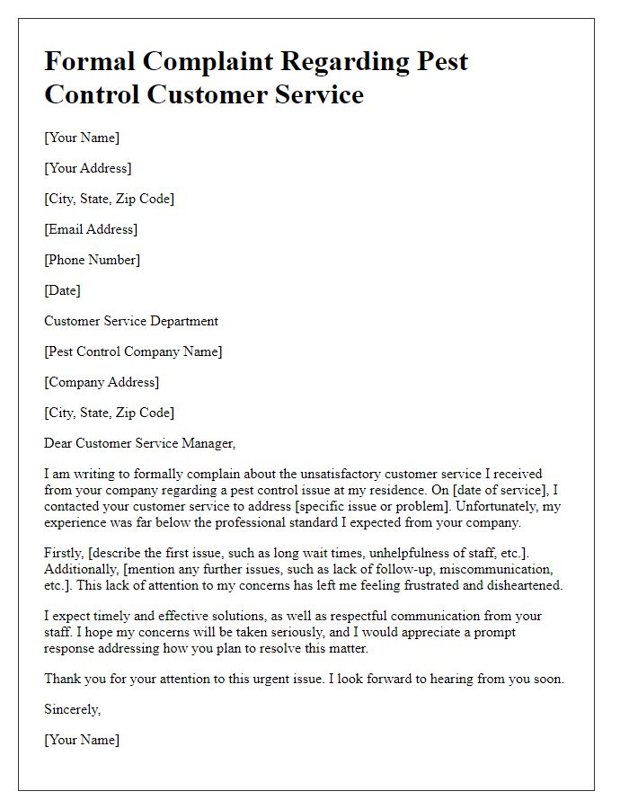 Letter template of formal complaint regarding pest control customer service experience.