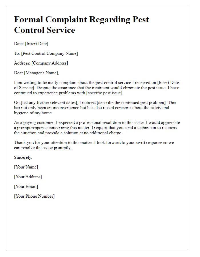 Letter template of formal complaint regarding pest control service issues.