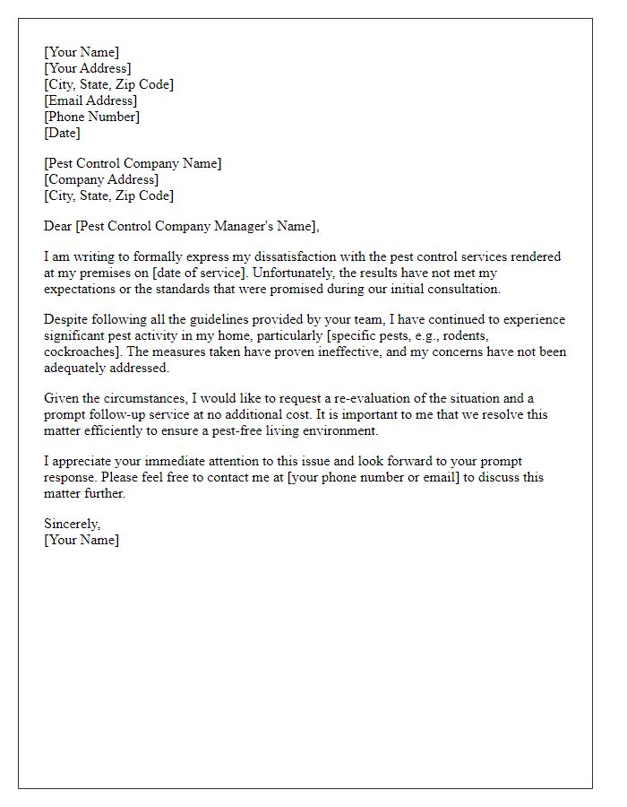 Letter template of formal complaint regarding unsatisfactory pest control results.