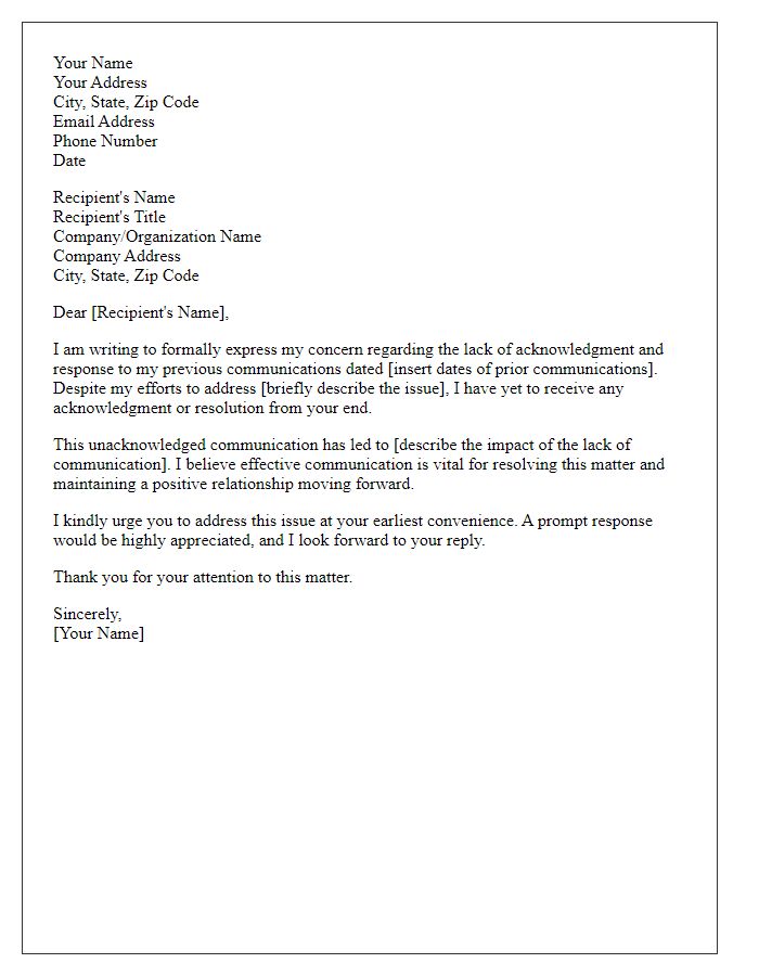 Letter template of formal complaint regarding unacknowledged communication