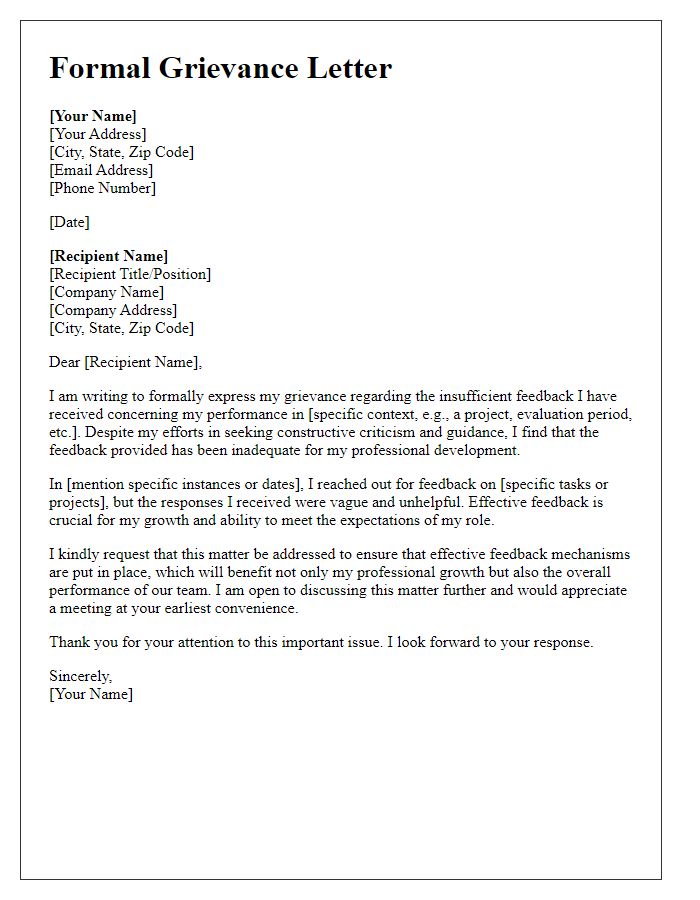 Letter template of formal grievance due to insufficient feedback