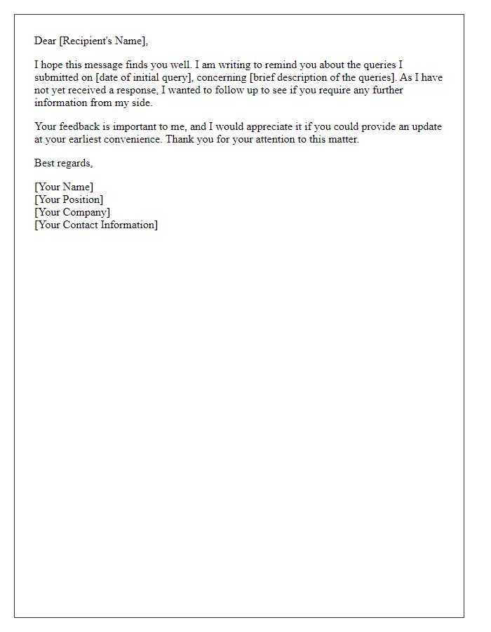Letter template of formal reminder about unresponded queries