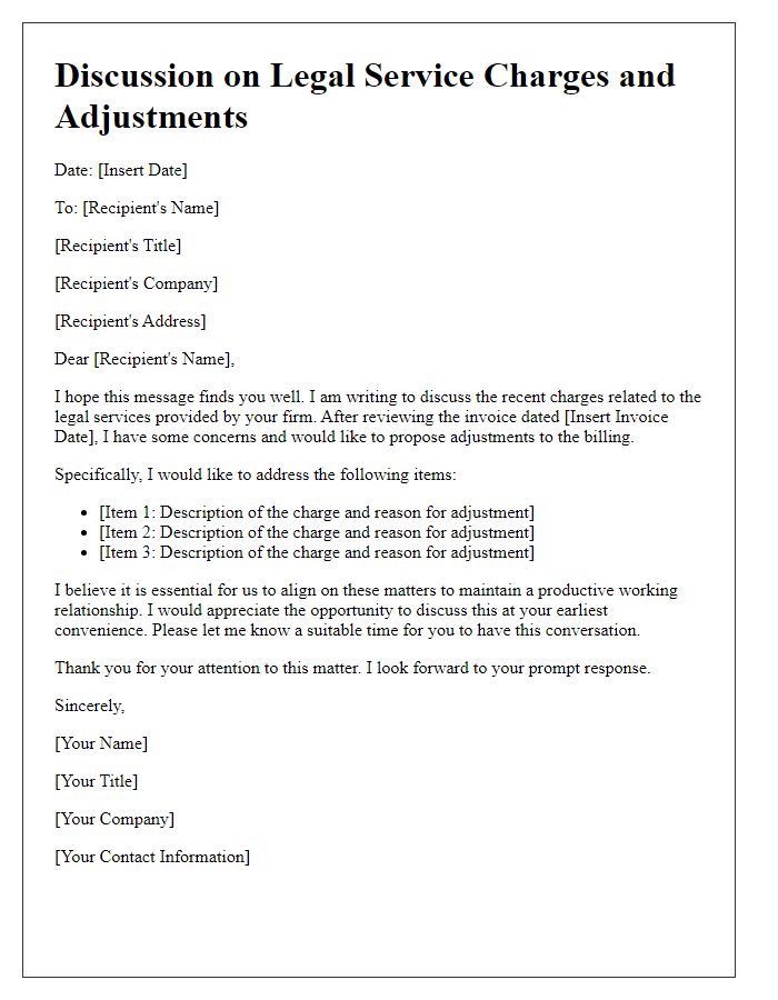 Letter template of discussion on legal service charges and adjustments.