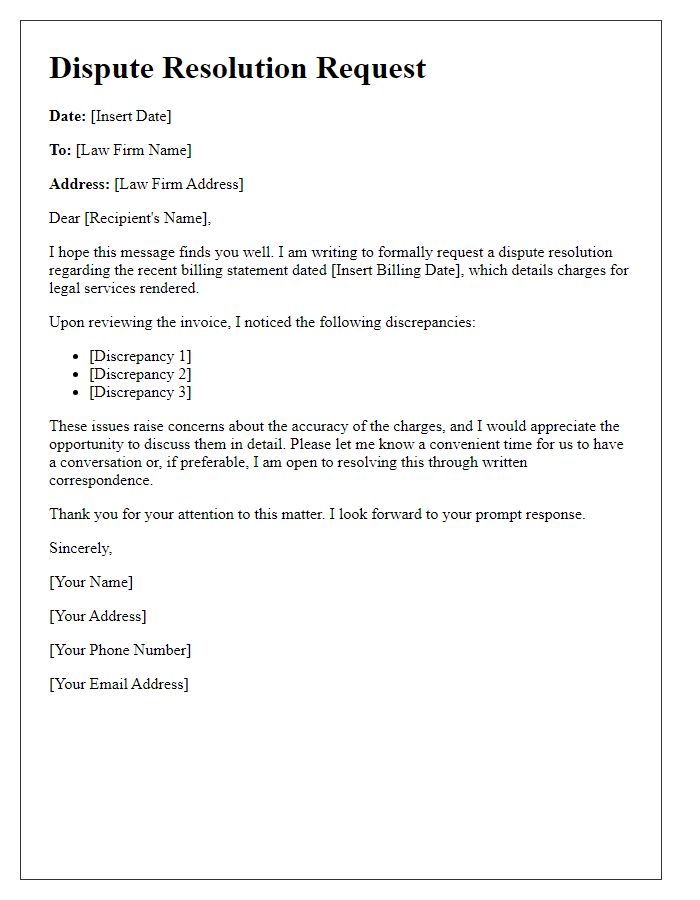 Letter template of dispute resolution request for legal billing.