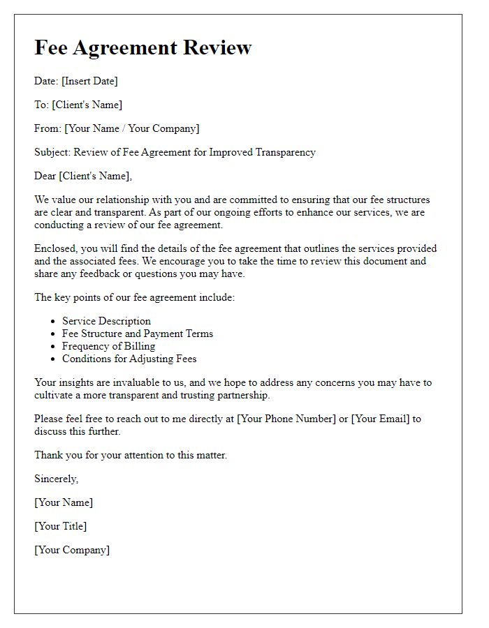 Letter template of fee agreement review for improved transparency.