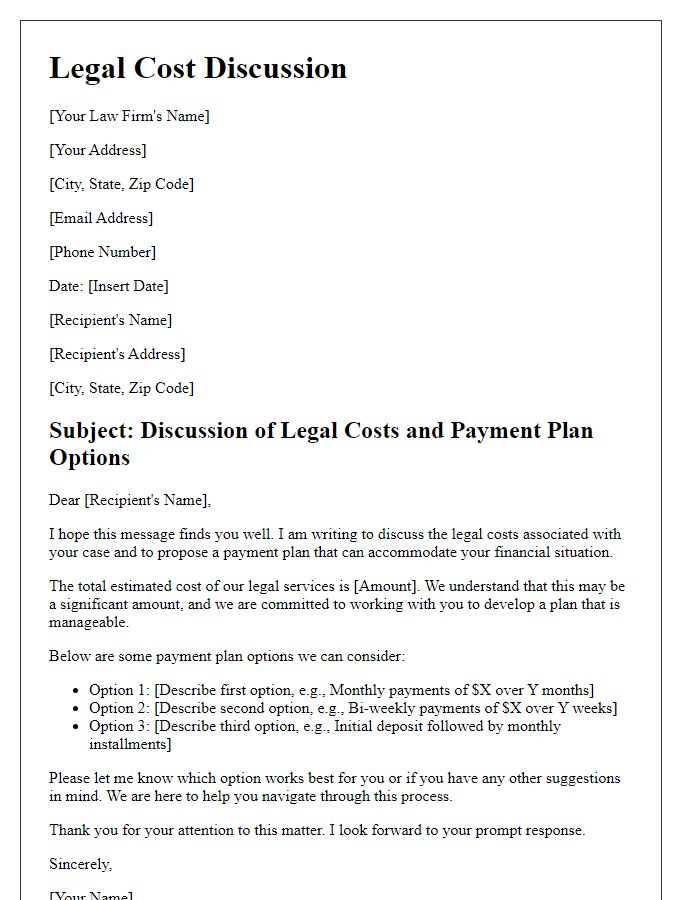 Letter template of legal cost discussion for payment plans.