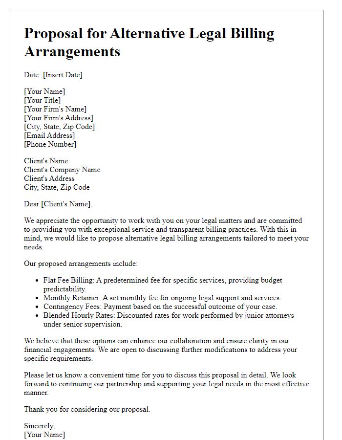 Letter template of proposal for alternative legal billing arrangements.