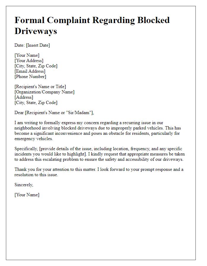 Letter template of formal complaint about blocked driveways due to parking.