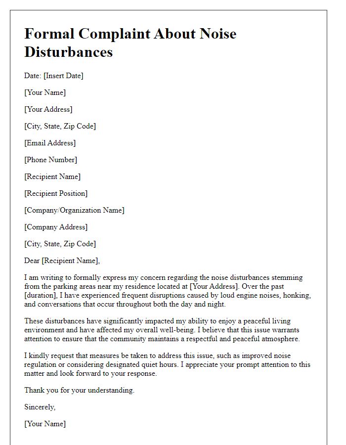 Letter template of formal complaint about noise disturbances from parking areas.