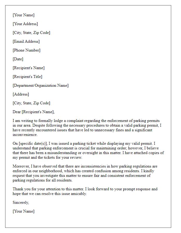 Letter template of formal complaint about parking permit enforcement issues.