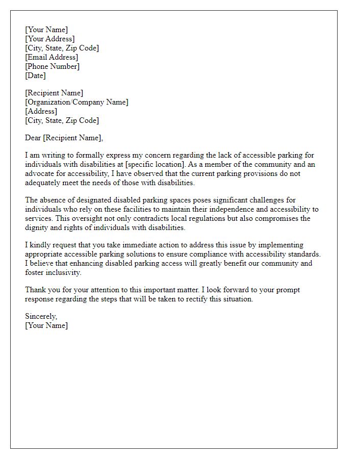 Letter template of formal complaint addressing the lack of disabled parking access.