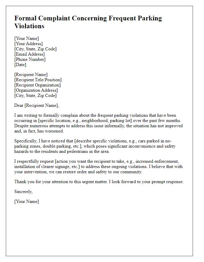 Letter template of formal complaint concerning frequent parking violations.