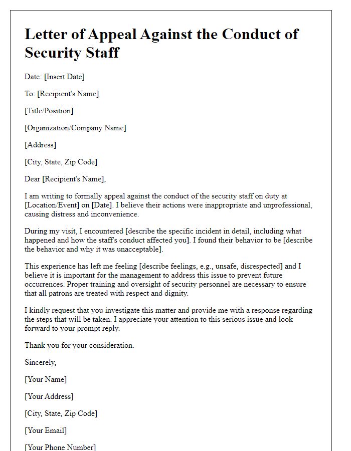 Letter template of appeal against the conduct of security staff