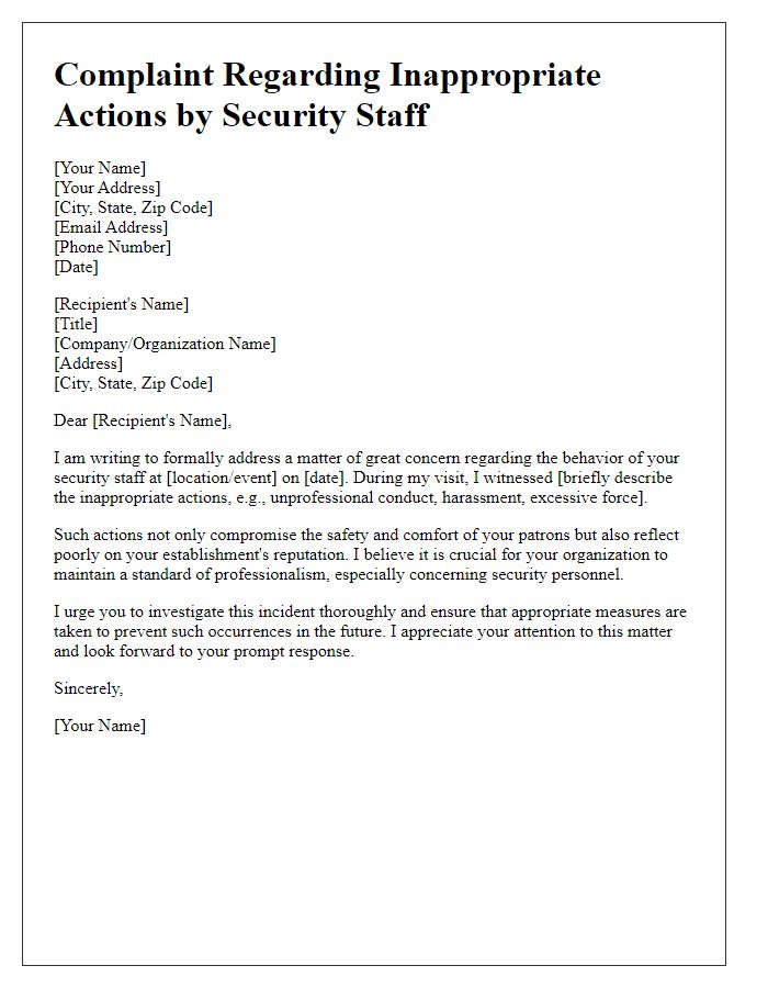 Letter template of complaint concerning inappropriate actions by security staff