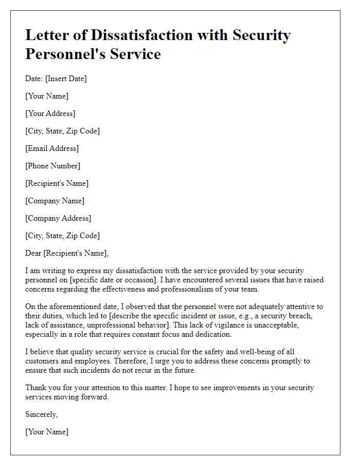 Letter template of dissatisfaction with security personnel's service