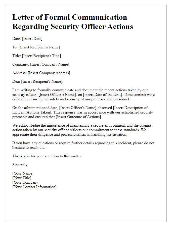 Letter template of formal communication about security officer's actions