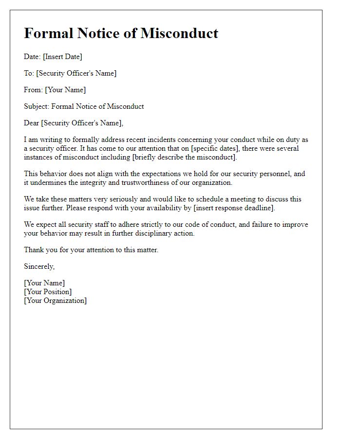 Letter template of formal notice regarding security officer's misconduct