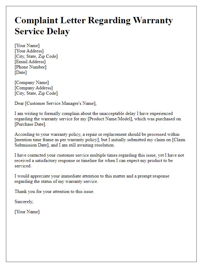 Letter template of complaint about warranty service delay.