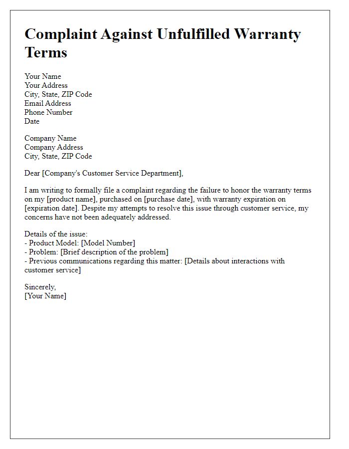 Letter template of complaint against unfulfilled warranty terms.