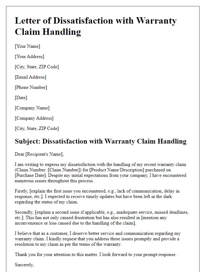 Letter template of dissatisfaction with warranty claim handling.