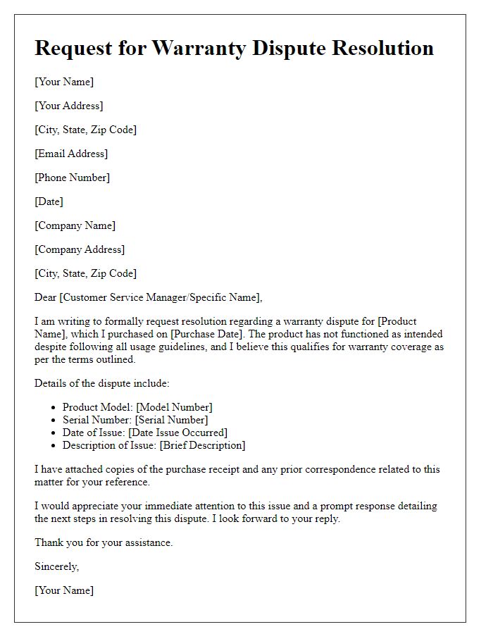 Letter template of formal request for warranty dispute resolution.