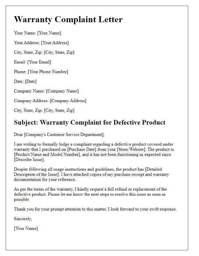 Letter template of warranty complaint for defective product.