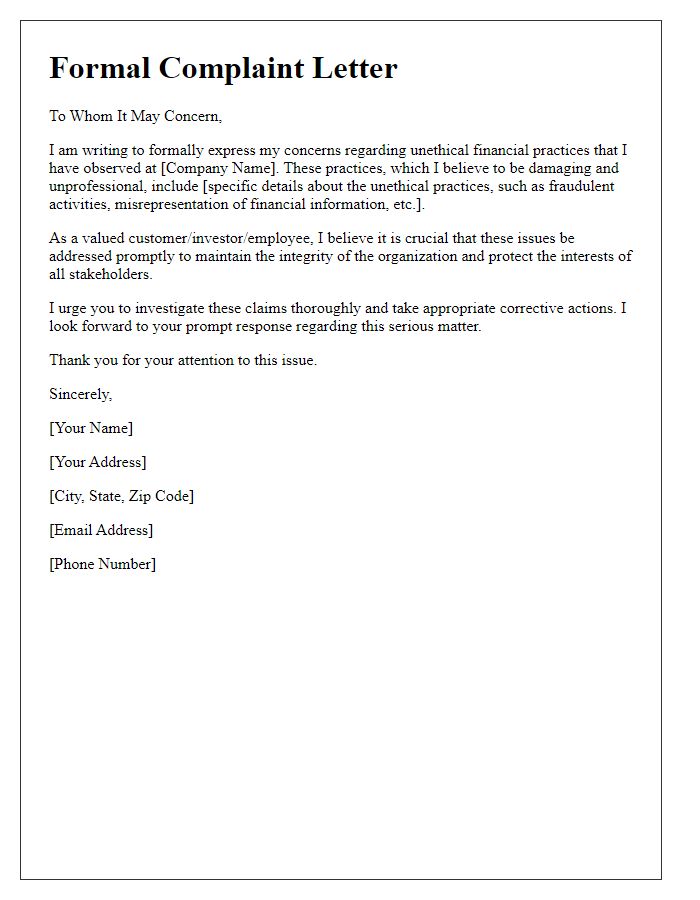 Letter template of formal complaint about unethical financial practices.