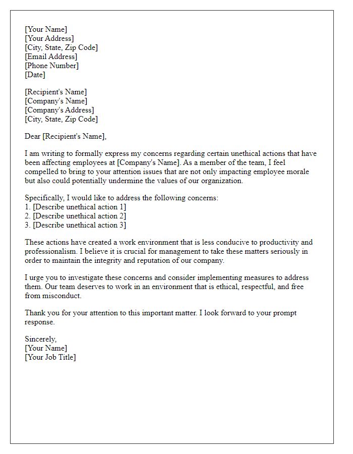 Letter template of formal complaint highlighting unethical actions affecting employees.