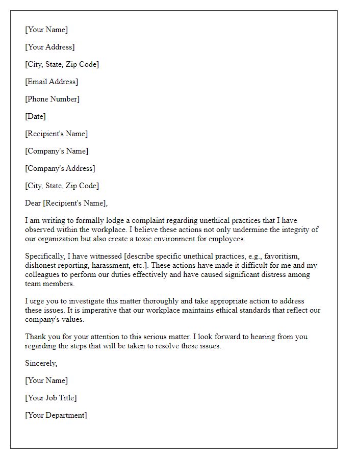 Letter template of formal complaint regarding unethical practices in the workplace.