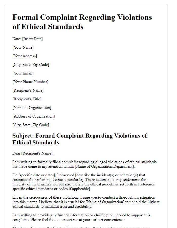 Letter template of formal complaint regarding violations of ethical standards.