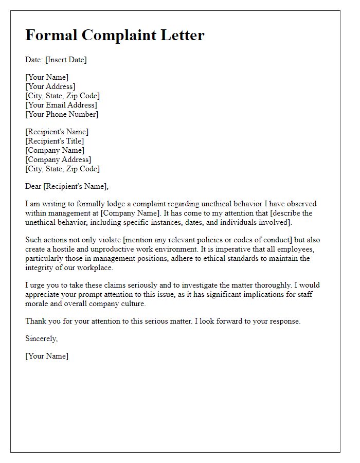 Letter template of formal complaint for unethical behavior observed in management.