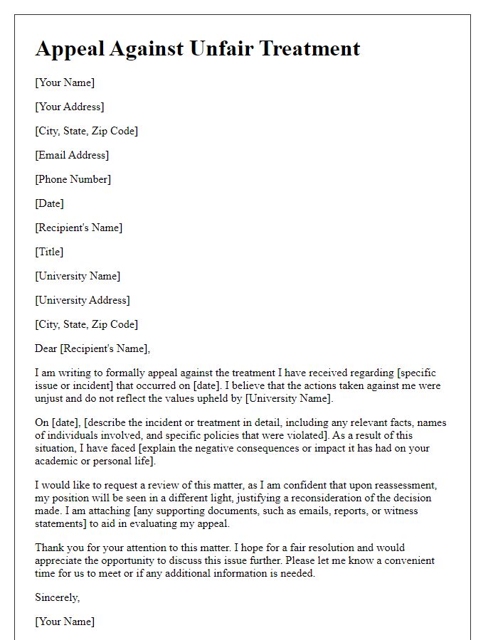 Letter template of appeal against unfair treatment within the university.