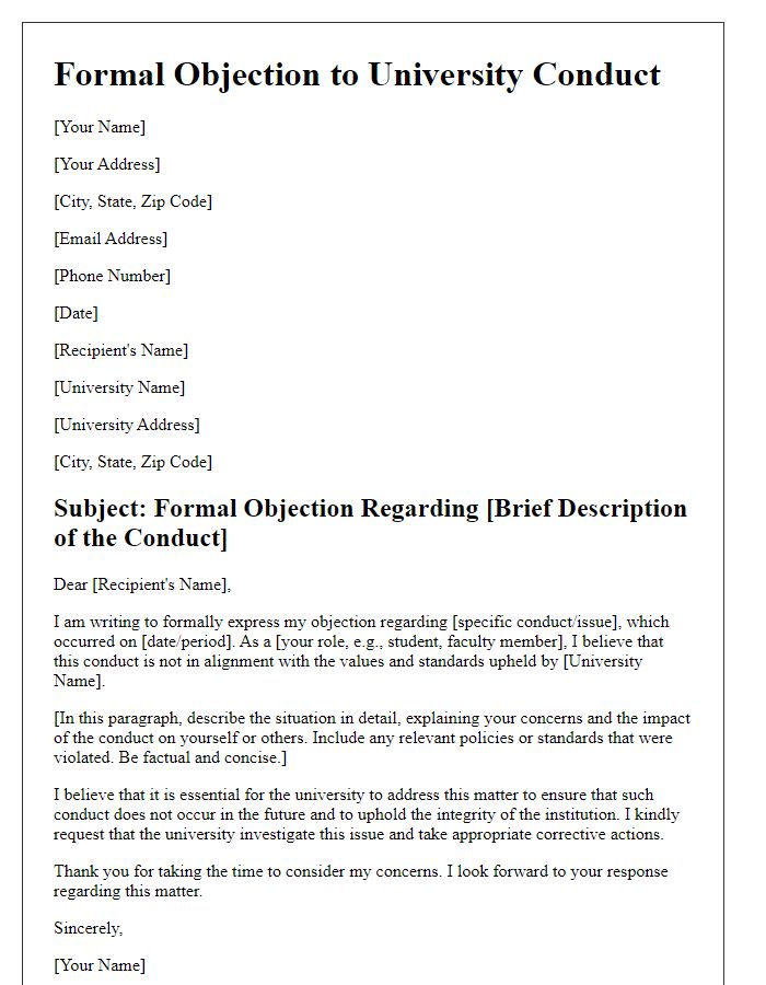 Letter template of formal objection to university conduct.