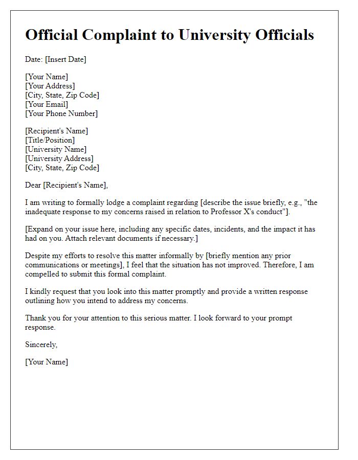 Letter template of official complaint to university officials.