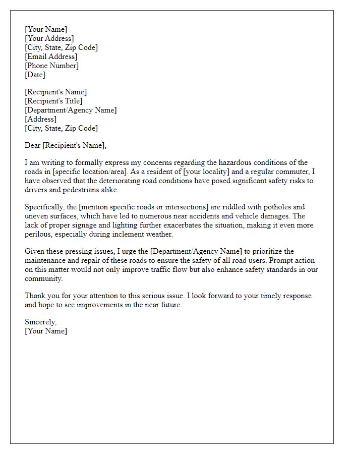 Letter template of formal complaint about traffic hazard concerns due to poor road conditions