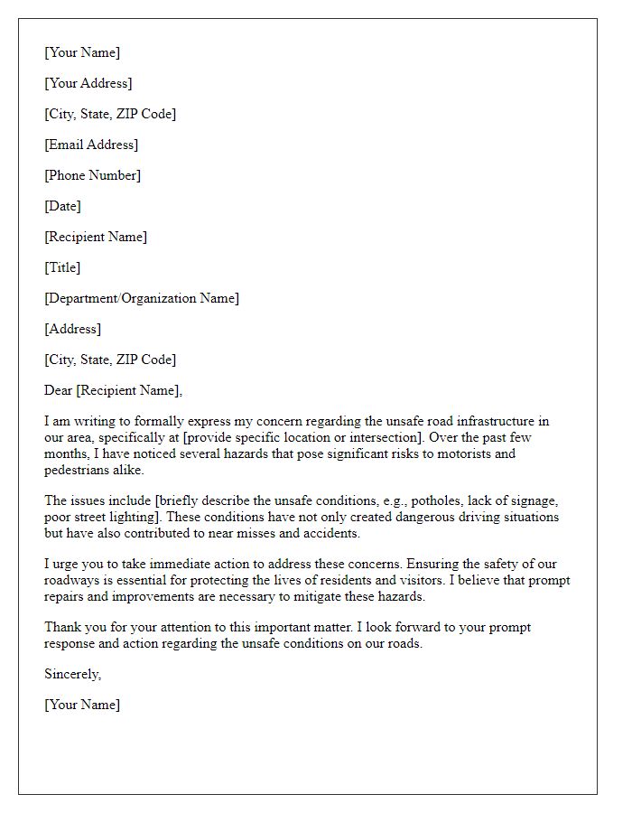 Letter template of formal complaint concerning unsafe road infrastructure