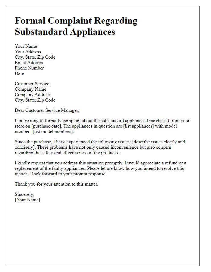 Letter template of formal complaint regarding substandard appliances.