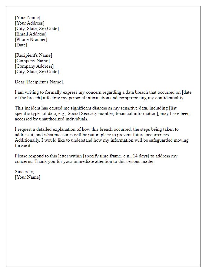 Letter template of formal complaint about data breach affecting confidentiality