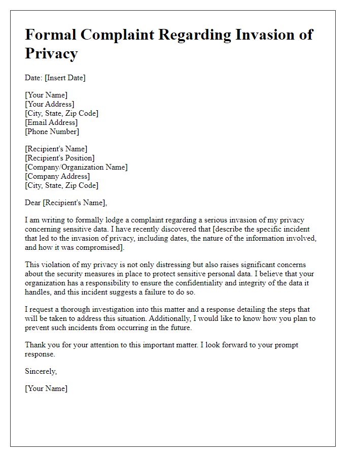 Letter template of formal complaint for invasion of privacy concerning sensitive data