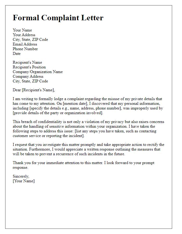 Letter template of formal complaint for misuse of private details