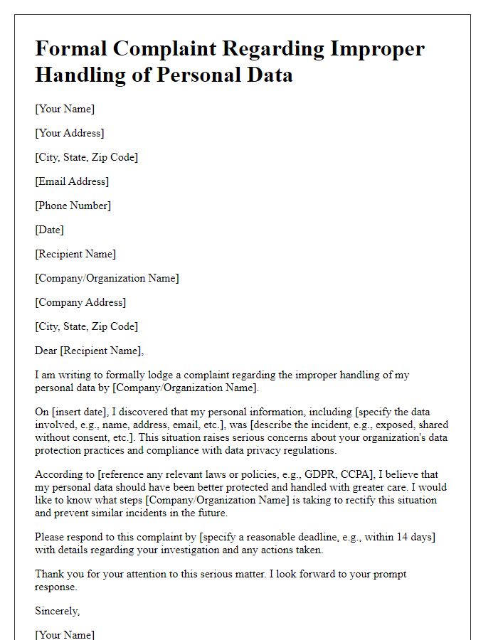 Letter template of formal complaint on improper handling of personal data