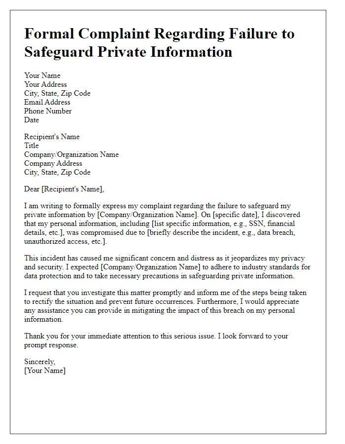 Letter template of formal complaint regarding failure to safeguard private information